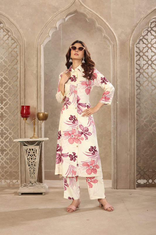 Ivory White Floral Print Co-ord Set