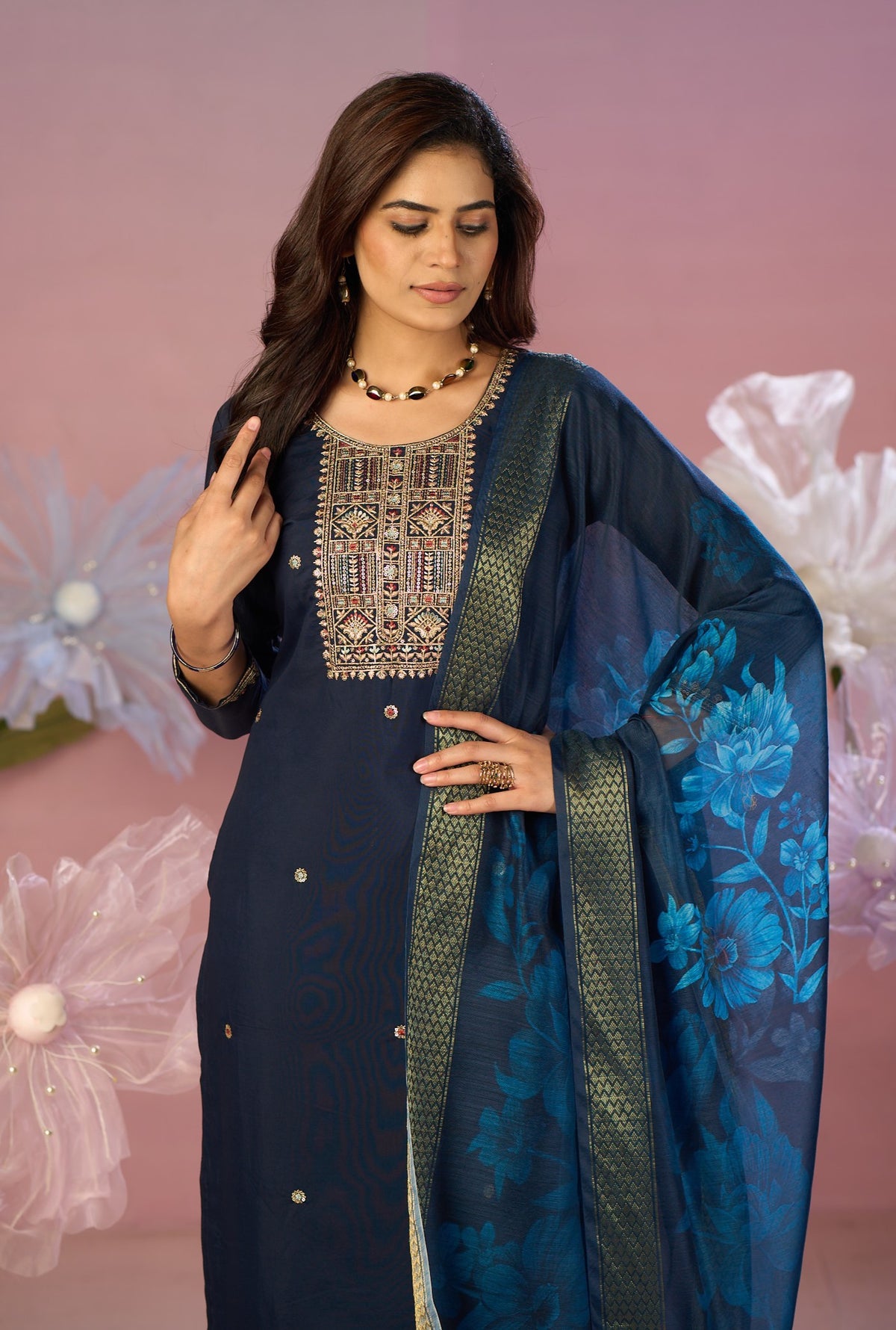 Navy Blue Silk Embroidered Kurta with Trousers & Floral Dupatta