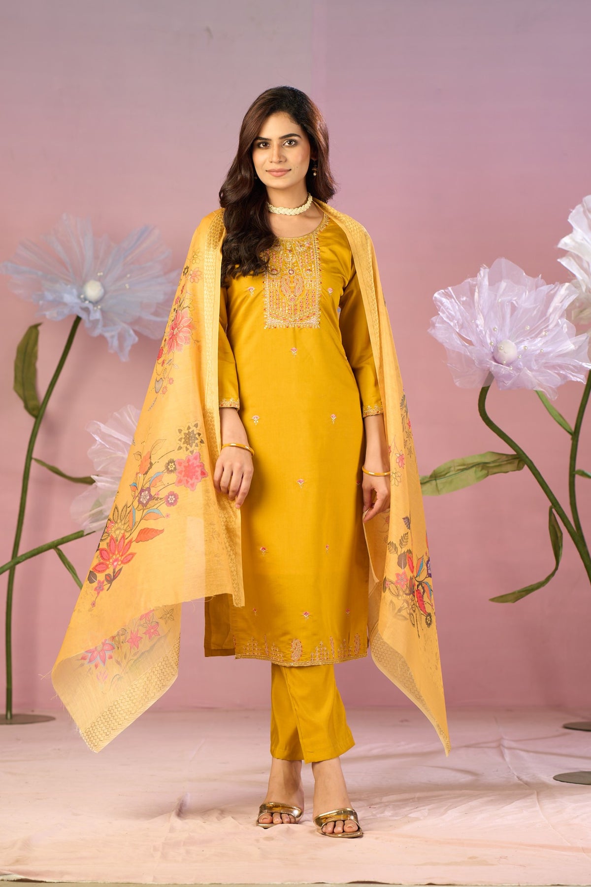 Mustard Yellow Silk Kurta Set with Zari Embroidery & Floral Dupatta