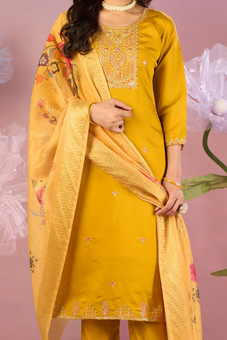 Mustard Yellow Silk Kurta Set with Zari Embroidery & Floral Dupatta