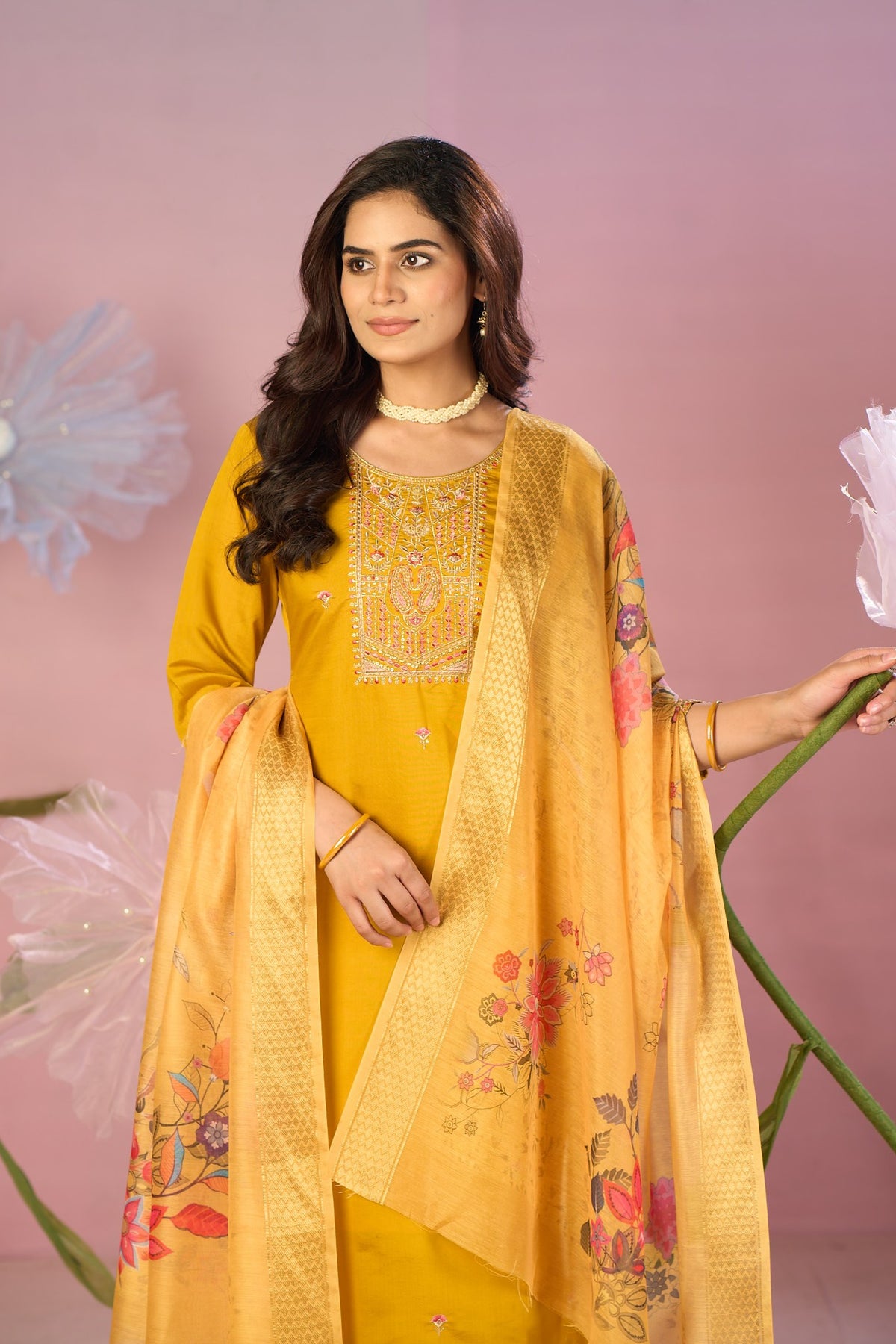 Mustard Yellow Silk Kurta Set with Zari Embroidery & Floral Dupatta