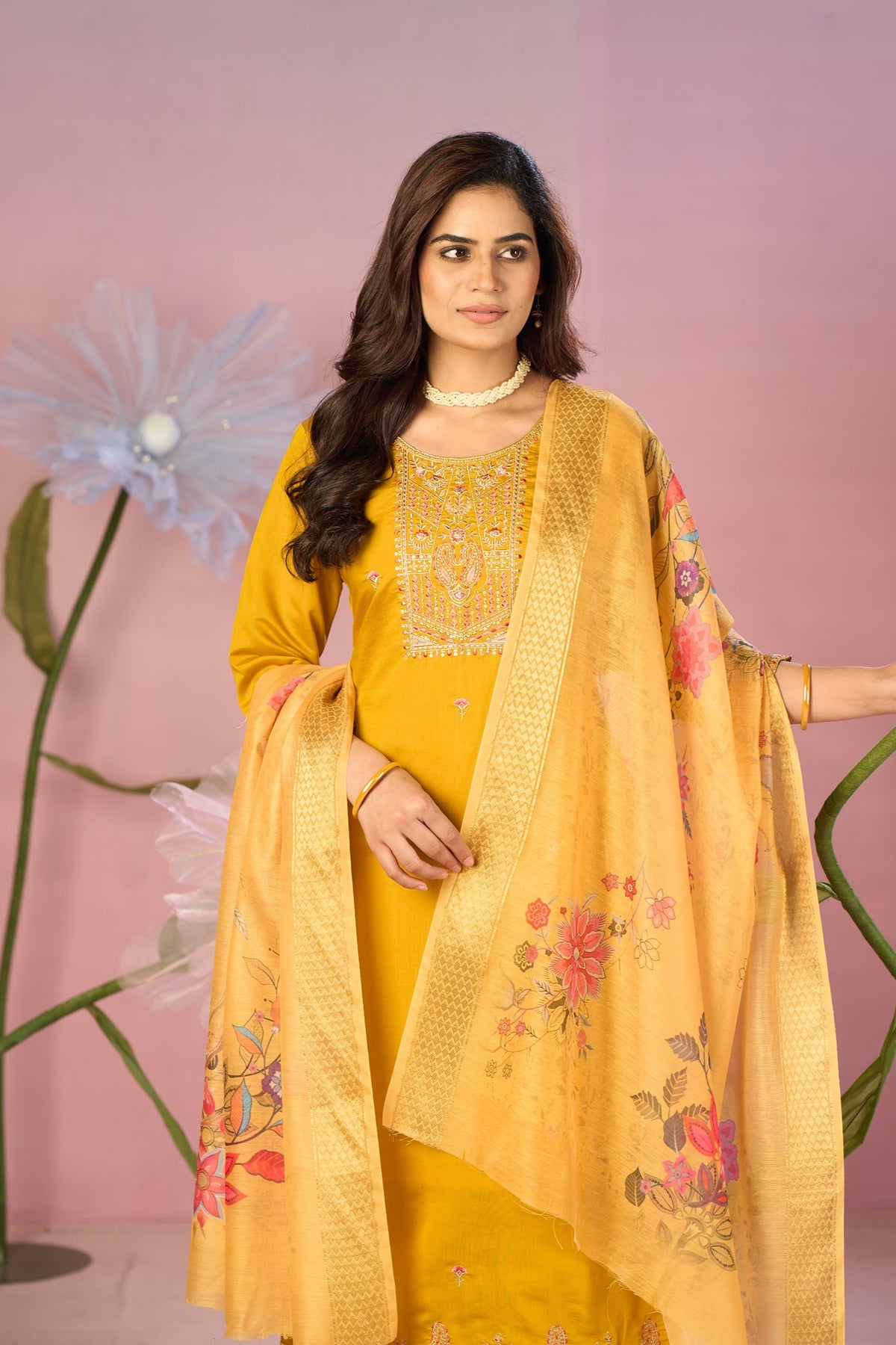 Mustard Yellow Silk Kurta Set with Zari Embroidery & Floral Dupatta